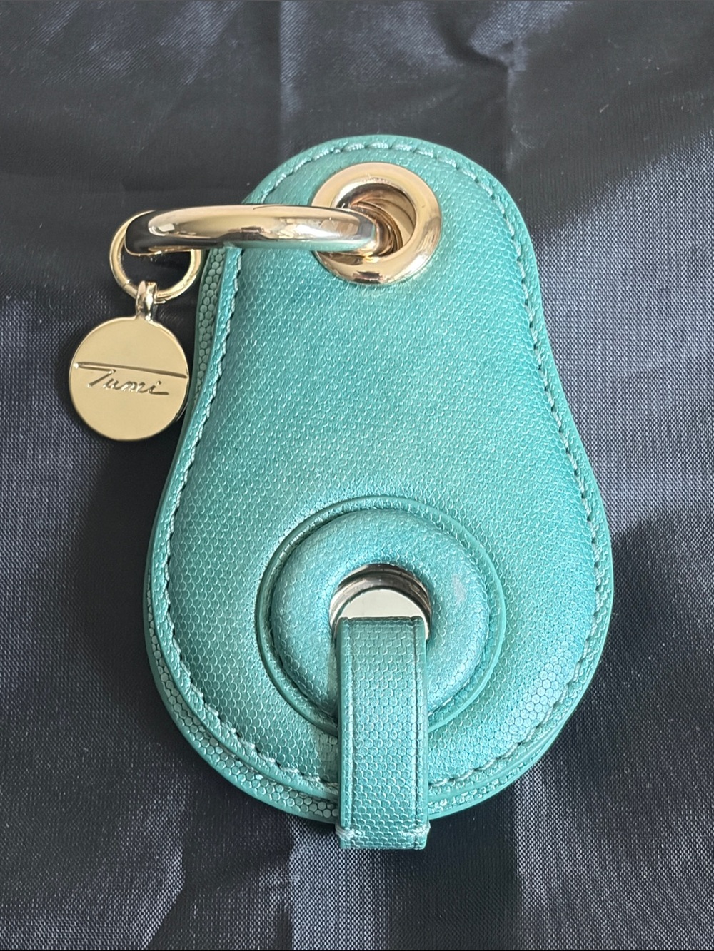 Tumi Teal Leather Key Holder with Polished Hardware & Mirror